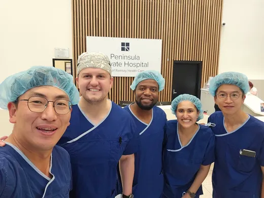 Theatre team selfie in scrub caps at Peninsula Private Hospital